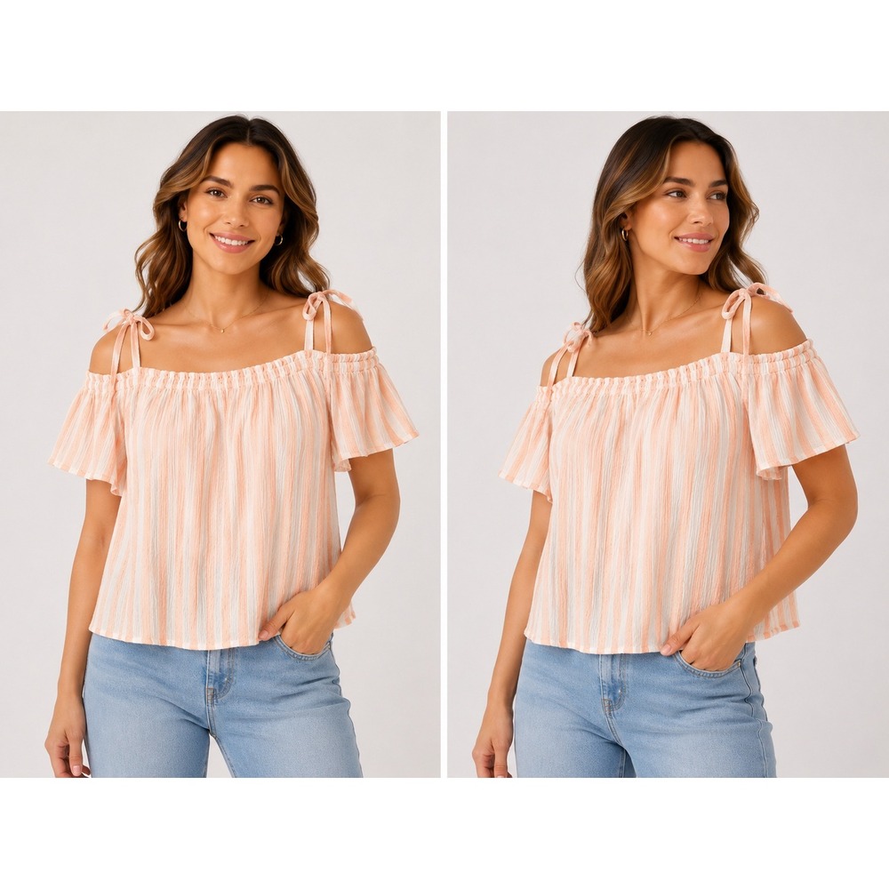 Soho Jeans New York & Company Peach White Striped Off Shoulder Tie Top XL